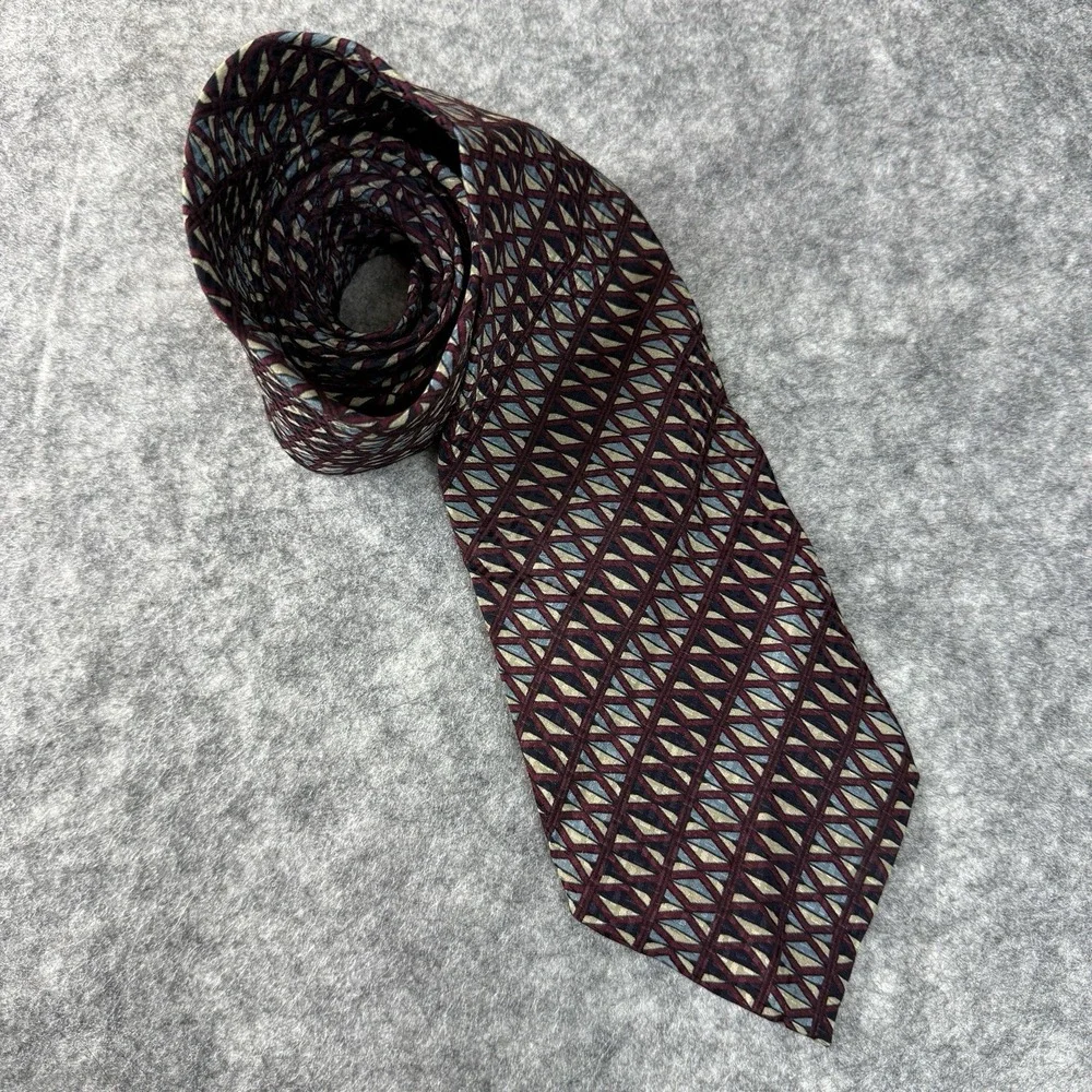 Vintage Christian Dior Monsieur Silk Men's Tie USA Geometric Burgundy Cream Blue
